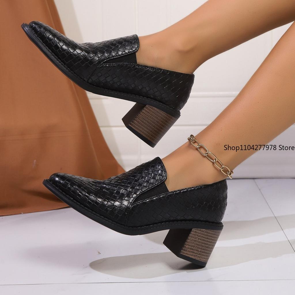 Fashion High-heeled Shoes Women's 2025 All-match Thick-heeled Pointed Leather Shoe Mid-heeled Professional Espadrille Women's Loafers