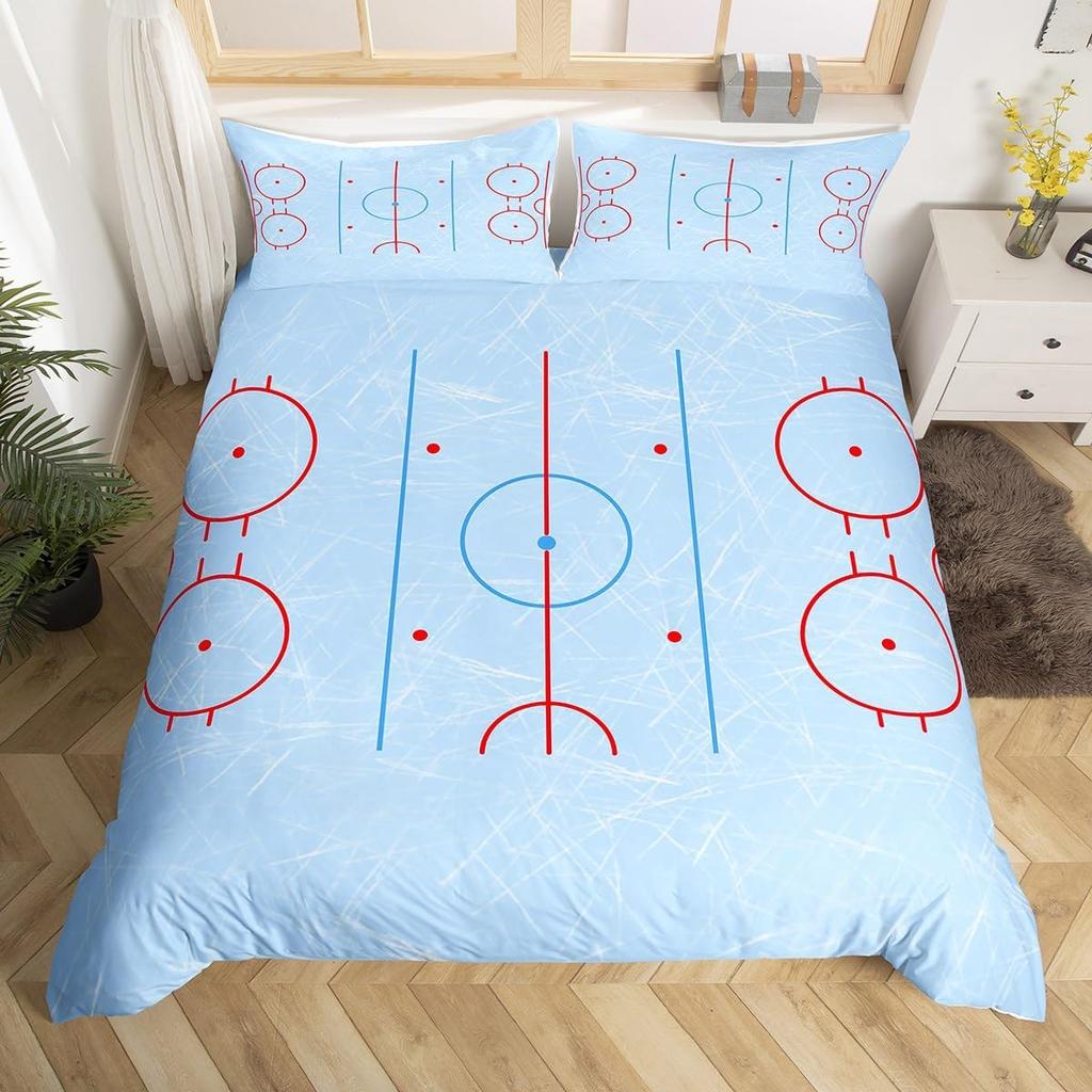 Ice Hockey Duvet Cover Twin Queen for Kids Boys Girl Young Man Winter Ice Sports Games Comforter Cover Helmet Skates Bedding Set