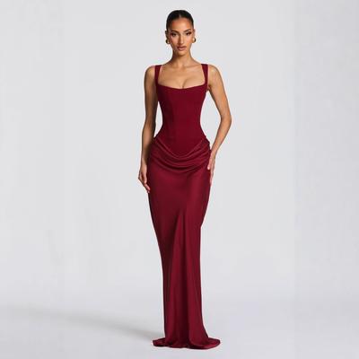 Women's Square Neck Sleeveless Maxi Dress Bodycon High Waist Draped Ruched Mermaid Evening Gown