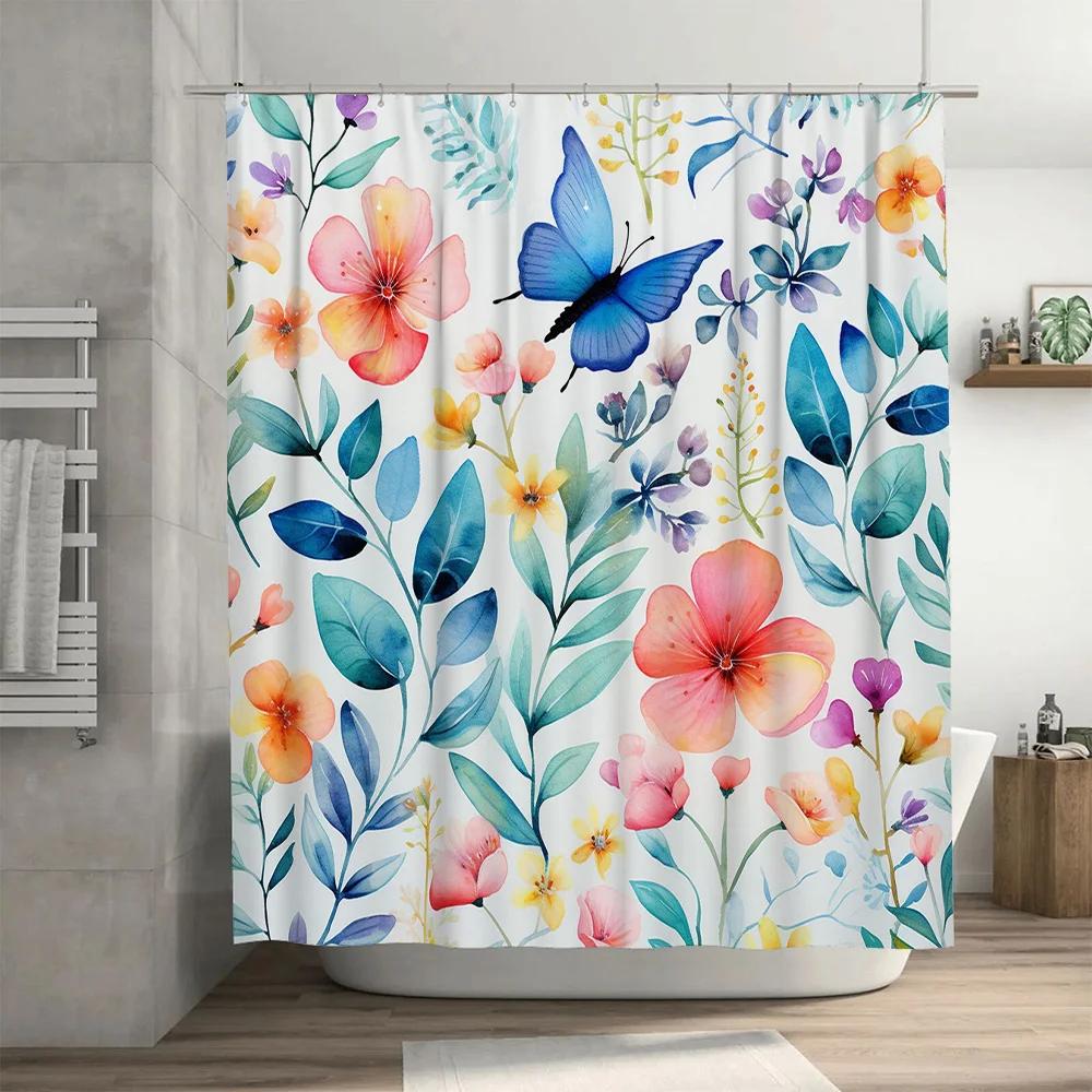 Beautiful Watercolor Flowers Shower Curtain Polyester Fabric with Blue Butterfly Design for Bathroom Decorations Multicolor ShOW