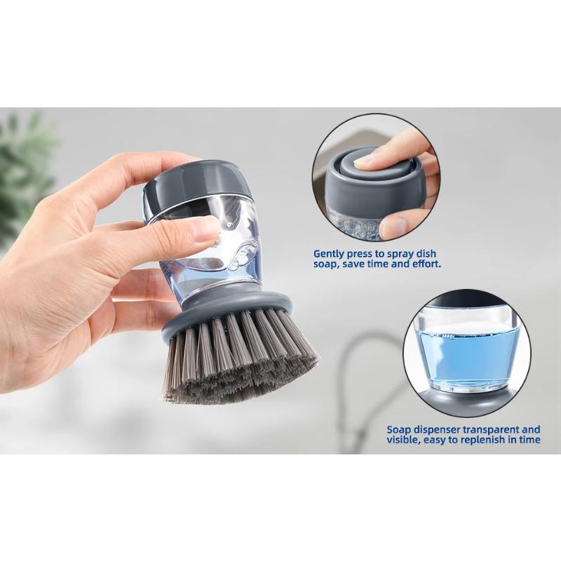 Set of 2 Dish Brush with Soap Dispenser, Kitchen Dish Scrubbers Set with Draining Tray for Washing Dishes/Pots