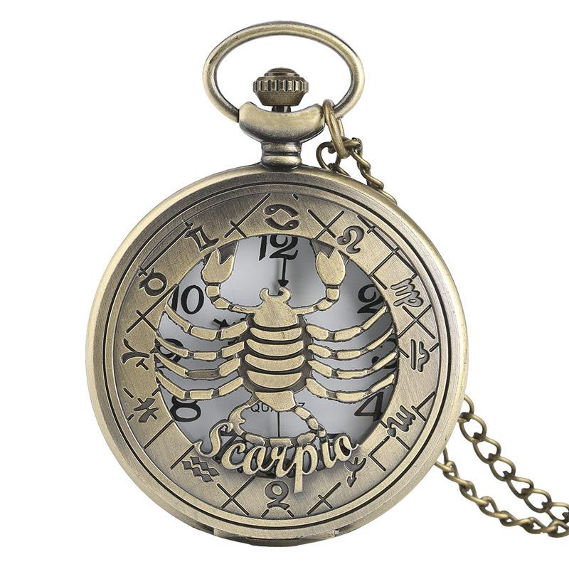 12 Constellation Astrology Zodiac Retro Pocket Watch Bronze Necklace Pendant Mens Women Hollow Flip Cover Quartz Christmas Gifts