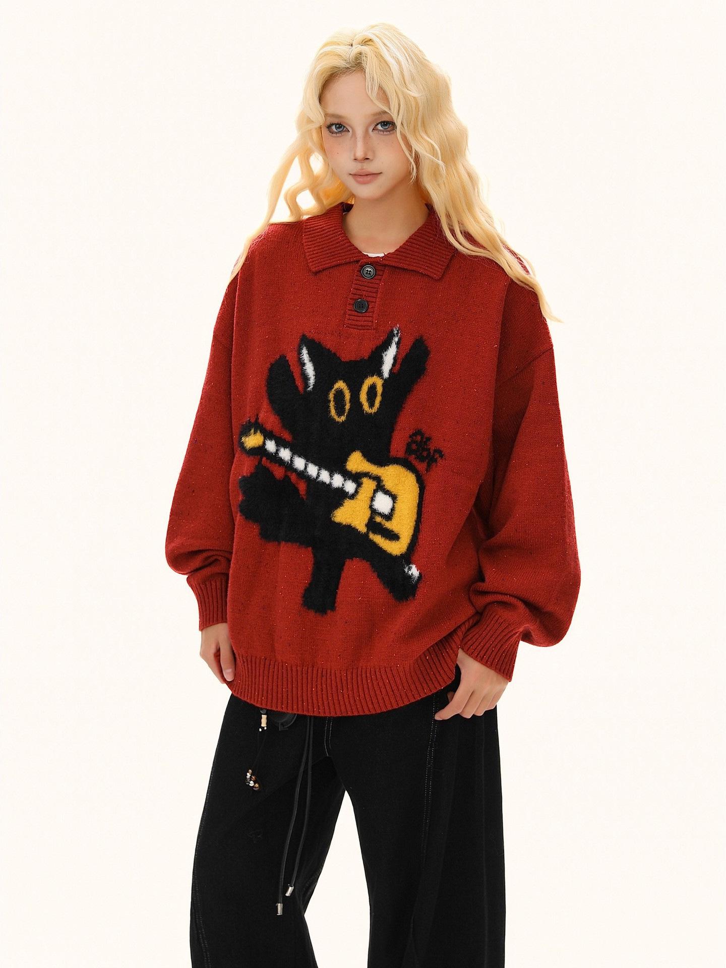 Унисекс Американский Ретро Вязаный Поло-Свитер с Кошкой - Универсальный Свободный Крой для ОсениЗимы Large красный 2490₽