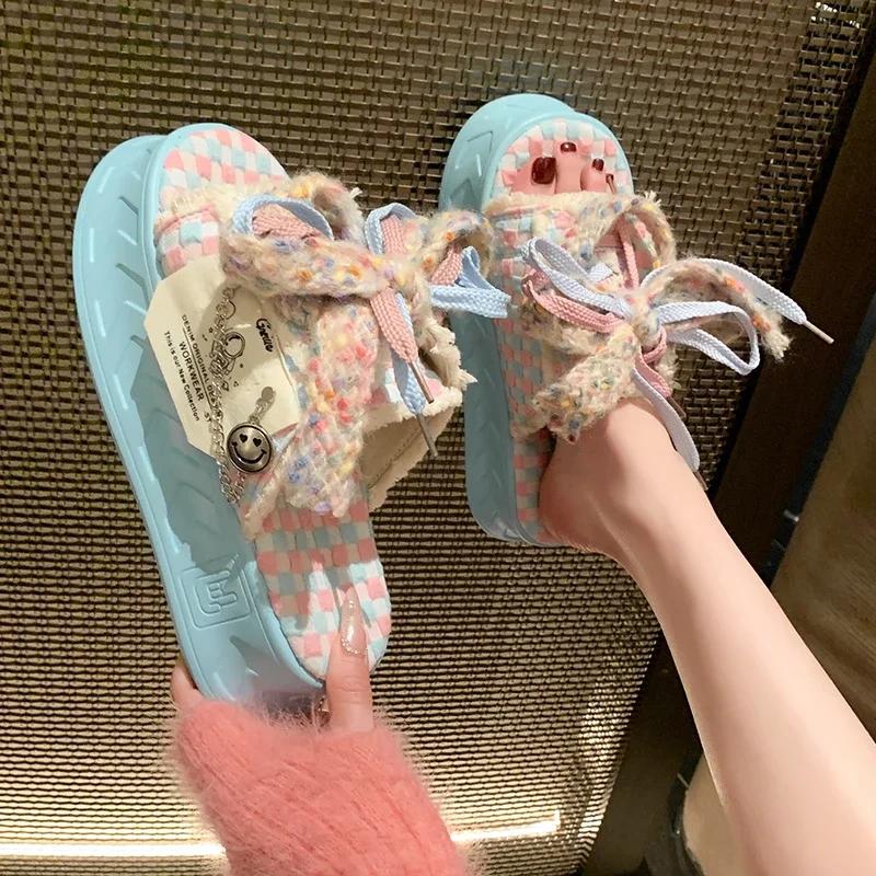 Fashion Thick Soled Canvas Half Slippers for Women's 2024 New Summer Casual Internet Red Lace Up Fashionable Sandals