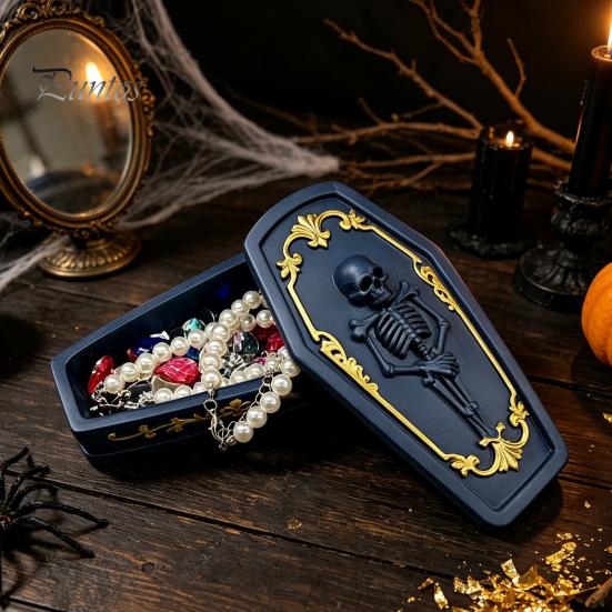 Skull Storage Organizer Gothic Casket Jewelry Box, Resin Spooky Figurine for Tabletop Rings, Halloween Dark Organizer, Unique Gift Goth Lovers