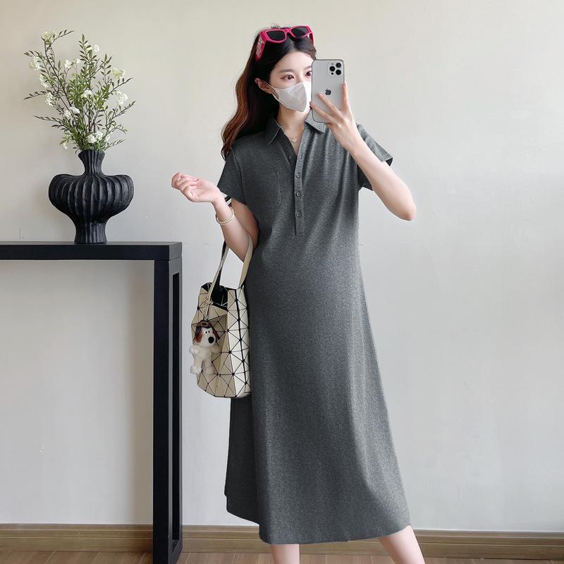 2026 Summer Korean Style Mid-Length Cotton Knit Maternity Polo Dress L