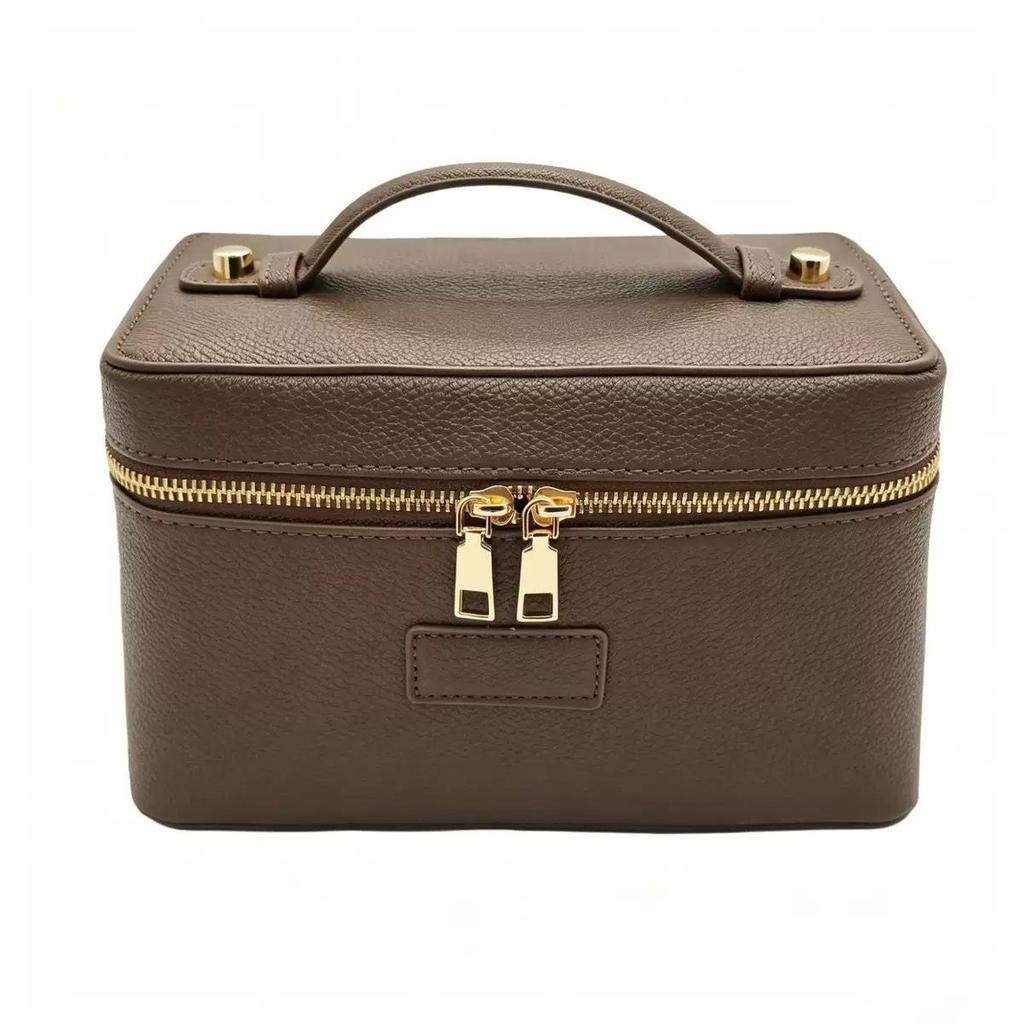 Portable Cross-Grain Leather Cosmetic Bag with Gold Hardware - Makeup and Skincare Travel Organizer