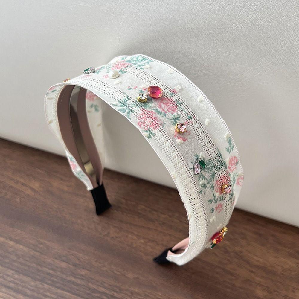 Floral Bow Hair Rope Wide Edges Rhinestone Hair Band Creative Embroidery Lace Headband  Women