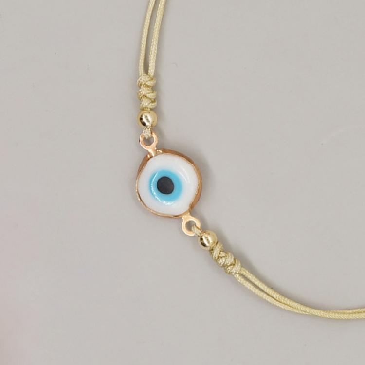 Bohemian Evil Eyes Glass Bead Bracelet Gold Accented Adjustable Cord Wristchain Jewelry For Everyday Wear