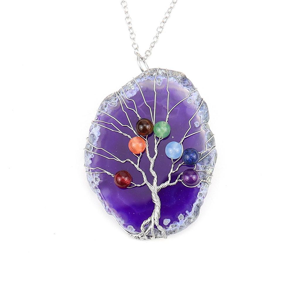 Handmade Silk Winding Tree Of Life Colorful Beads Natural Agate Sheet Pendant Necklace N634