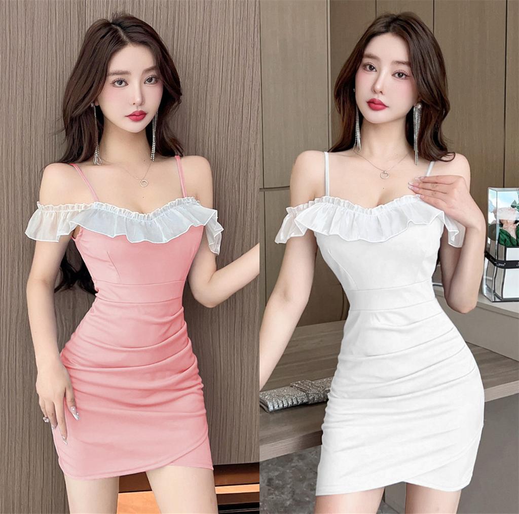 Sexy ruffle edge off-the-shoulder splicing tight-fitting hip-wrapped suspender dress spa technician overalls women