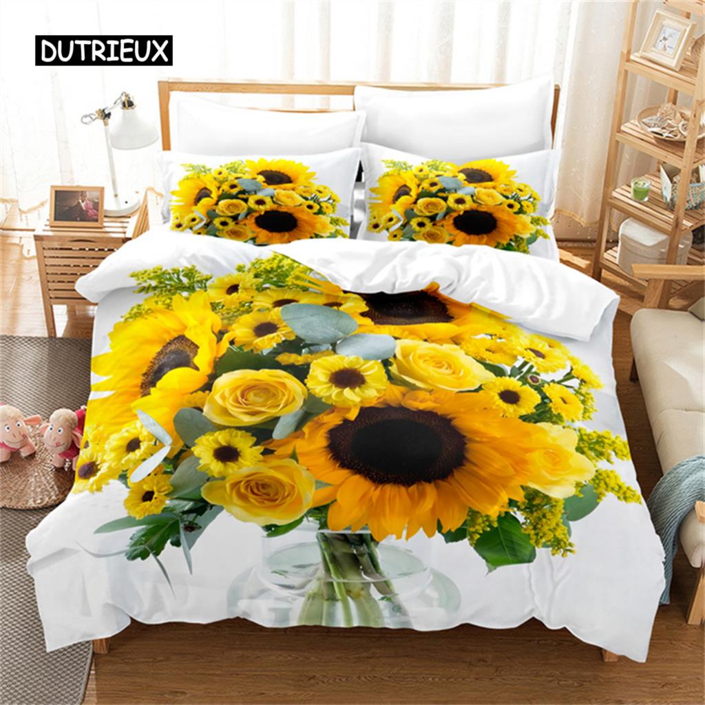 Sunflower Bedding Set Yellow Plant Flowers Duvet Cover Botanical Landscape Quilt Cover Girls Women Bedroom Gorgeous Decorations