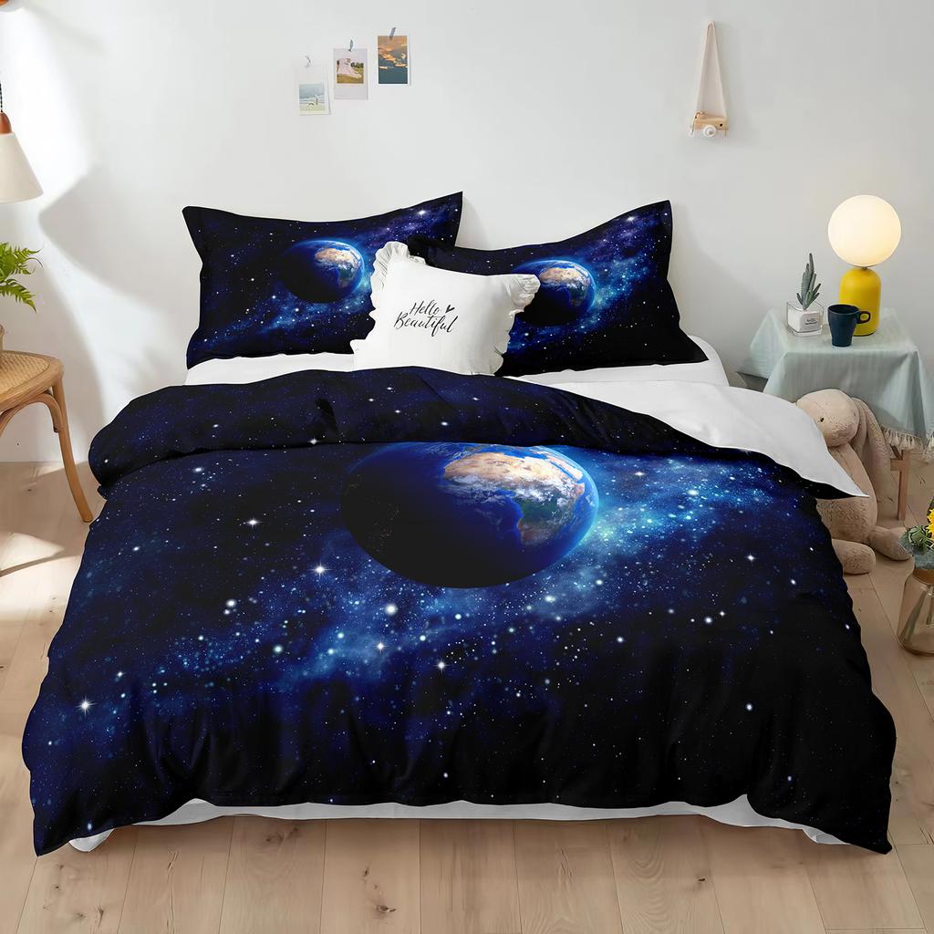 Set de husă de pilotă cu temă planeta uriașă 3D Mercury Galaxy Space Blue King Queen, dimensiune dublă, husă de cuvertură din poliester pentru copil, băiat, fată