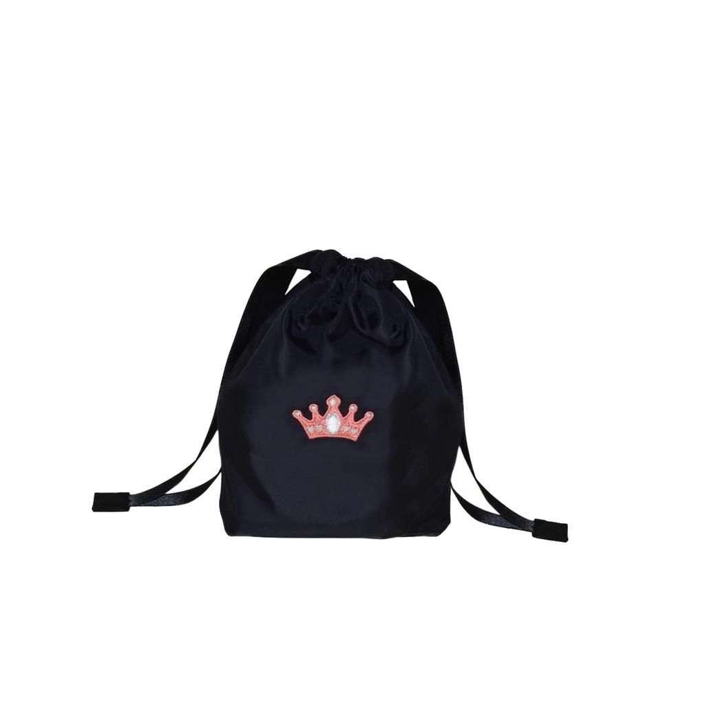 Angel Smile Royal School Grosgrain Portable Slippers Size LL Tiara Embroidered Navy Drawstring Bag Set of 2 (Solid Black) & (Small) (RSL2022001 LL)