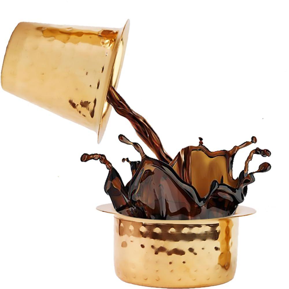 Indian Brass Coffee Cup Dawara/Dabara & Tumbler for Serving Filter Coffee/Tea/Traditional kumbakonam Brass Dabara - | Hammered Matt - 150ml (Set of 3)