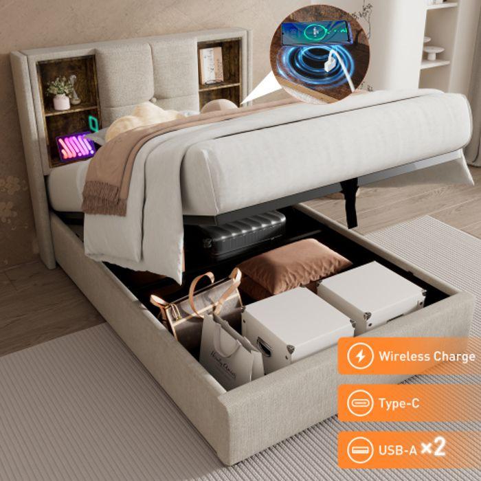 Lit Simple - MUVOE - 90x200cm - Recharge Sans Fil USB C - Rangement Intégré - Design Contemporain