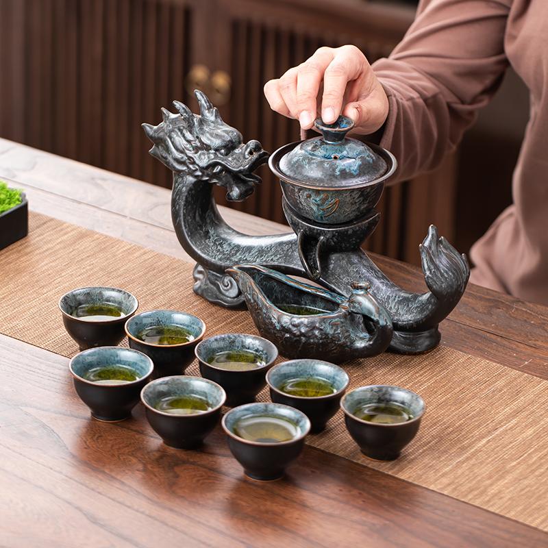 1 Set of Rotating Teapot, Ceramic Kiln Turned Ruyi Dragon-Shaped Teapot Set, Teapot with 8 Teacups, Without Tea Tray, Semi-Automatic Tea Set