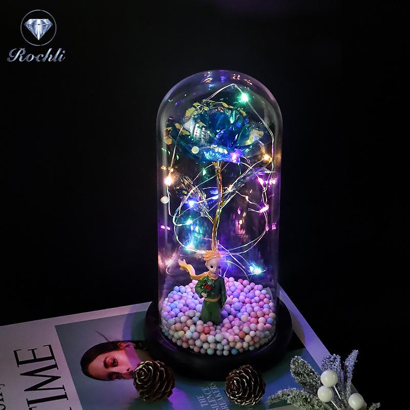 Rose Flower Preserved in Glass Dome with Night Light - Mother's Day or Birthday Gift Ornament