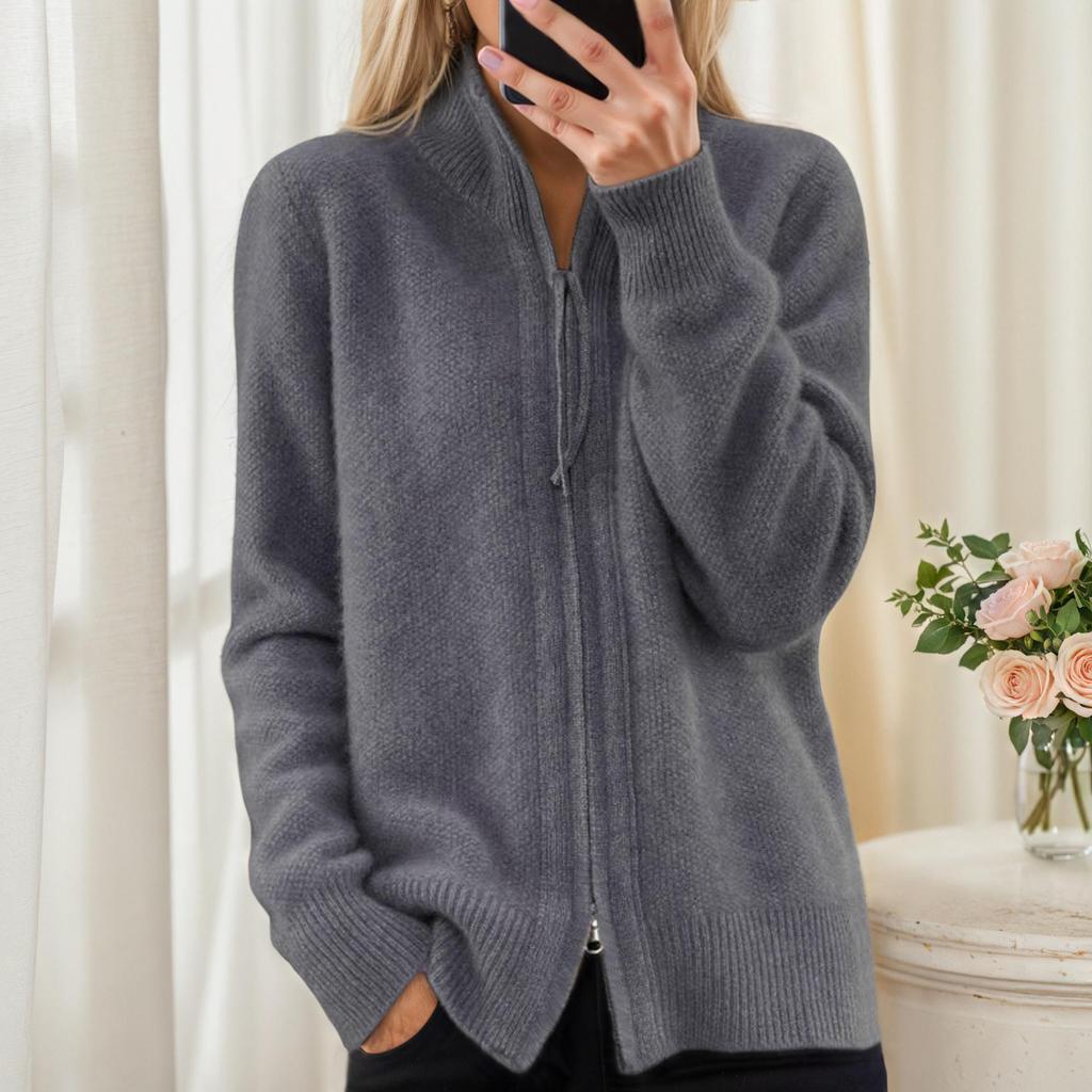 Women's 2025 Autumn/Winter Lapel Long Sleeve Knit Cardigan Sweater Coat with Zipper