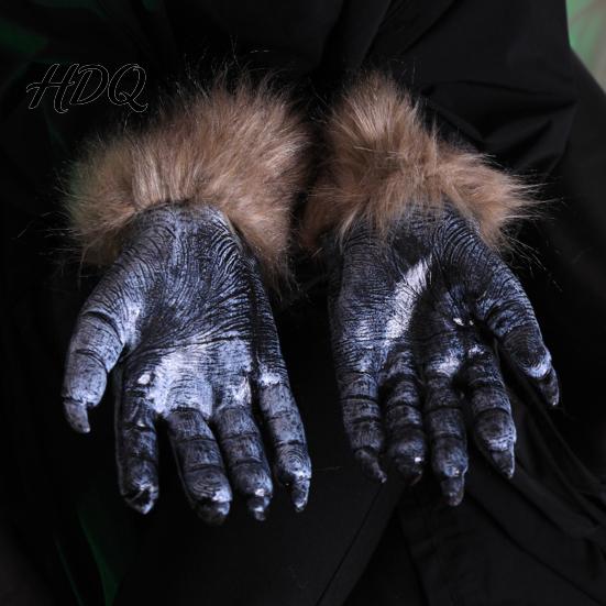 Werewolf Cosplay Gear Realistic Claws Gloves, Furry Black Wolf Paw Costume Headgear, Halloween Durable Gloves Beast Animal Props for Party Cosplay,