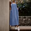 Women Sleeveless Solid Color Pinafore Dress Long Casual Loose Fit Adjustable Strap Maxi Dress with Pockets