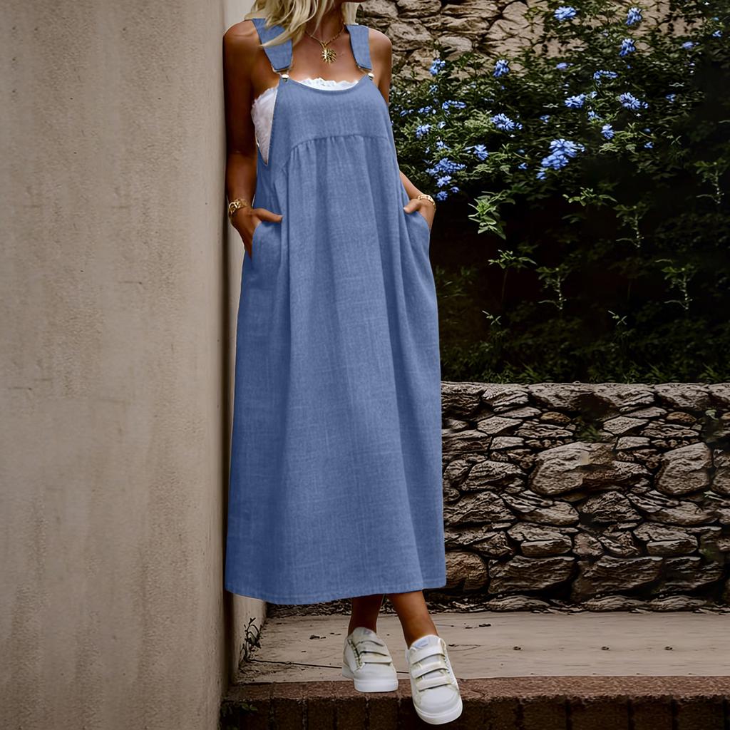Women Sleeveless Solid Color Pinafore Dress Long Casual Loose Fit Adjustable Strap Maxi Dress with Pockets