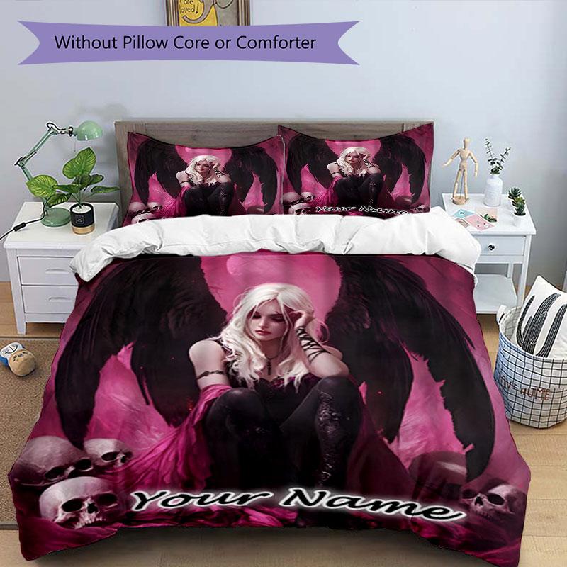 3PC Custom Name Gothic Angel Skulls Bedding Set Printed Bedding Set Duvet Cover Closure Includes 1 Duvet Cover & 2 Pillowcases for All Seasons Bedroom
