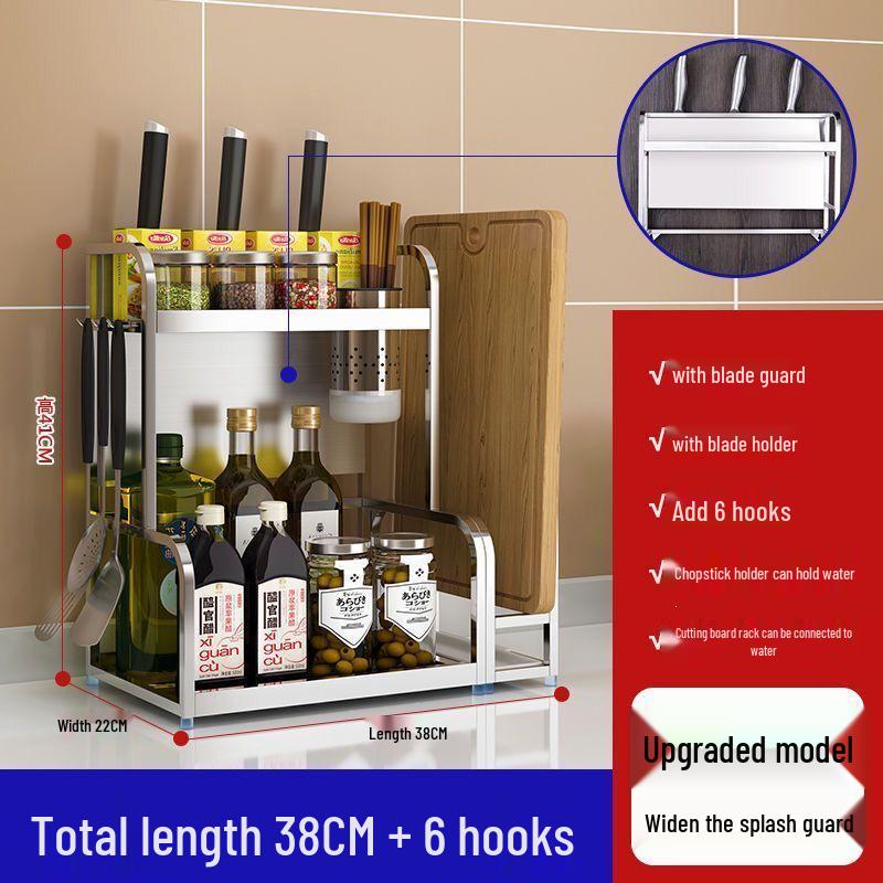 Multi-Functional 304 Stainless Steel Kitchen Shelf and Spice Rack with Knife Holder