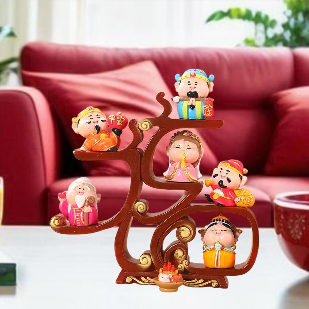 6Pcs Fortune Gods Figurines with Offerings Spring Festival Decor Hand Painted Happy New Year Ornament Desk Sculptures Statues