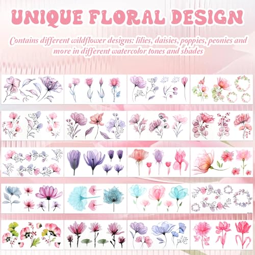 JJUNW 20 Sheets Watercolor Flower Temporary Tattoos, Waterproof Realistic Fake Tattoos for Adults, Floral Skin Stickers for Arm Ankle Body Art