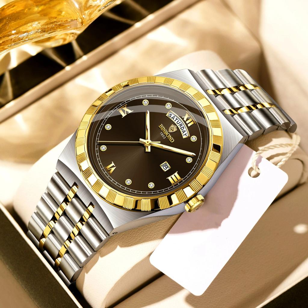 BINBOND Men's Watches Simple Fashion Original Quartz Watch for Man Texture Dial Stainless Steel Date Week Trend Dress Wristwatch