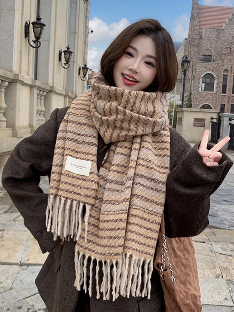 Women Winter Knitted Scarf Headscarf Lady Men Preppy Retro Striped Print Tassel Scarve Male Foulard Wrap Shawl Casual Korean New