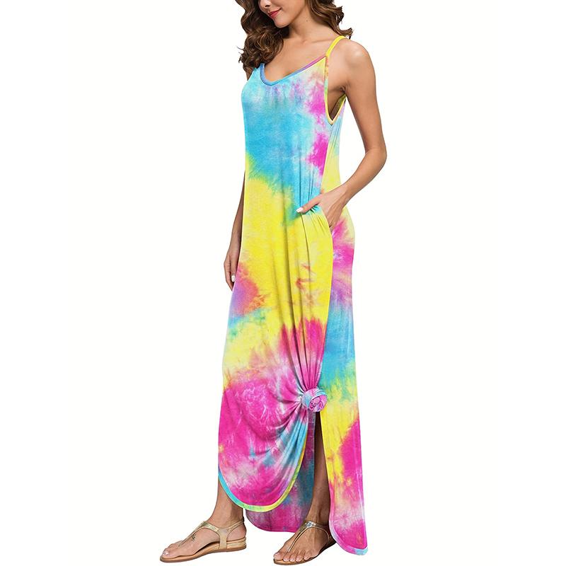 Rochie dintr-o bucată, imprimată cu vopsea cravată, cu bretele fără spate, vacanță de vară pentru femei