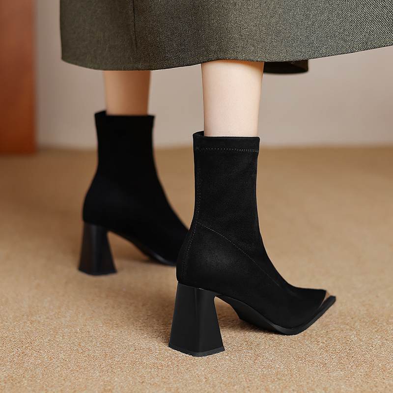 Krazing Pot Flock Autumn Winter Shoes Metal Decoration Thick High Heels Big Size 40 Modern Boots Square Toe Keep Warm Slip On Ankle Boots