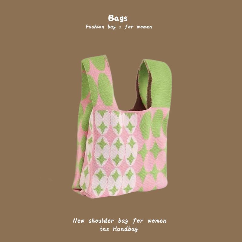 Ins Trendy Handbag Women'S Knitted Wool Bucket Bag Hand Carry Casual Tote Bag Box Lunch Bag