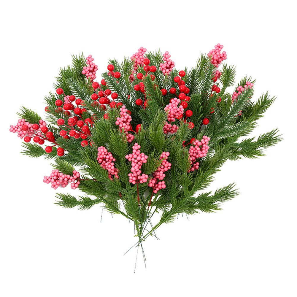 Realistic Artificial Pine Needle Branches with Red and Pink Berries for Christmas DIY Crafting and Decoration 50 Pieces