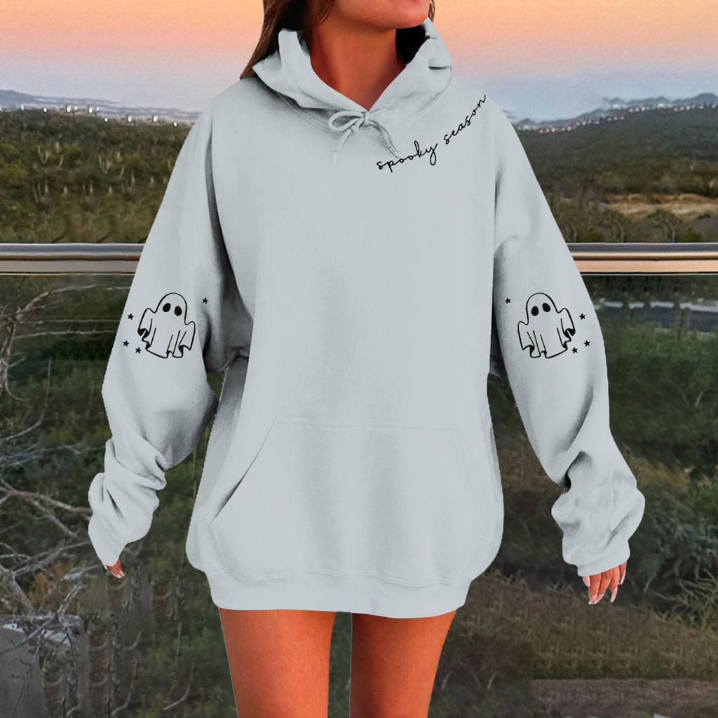 Women's Solid Color Long Sleeve Casual Halloween Print Pullover Hooded Sweatshirt
