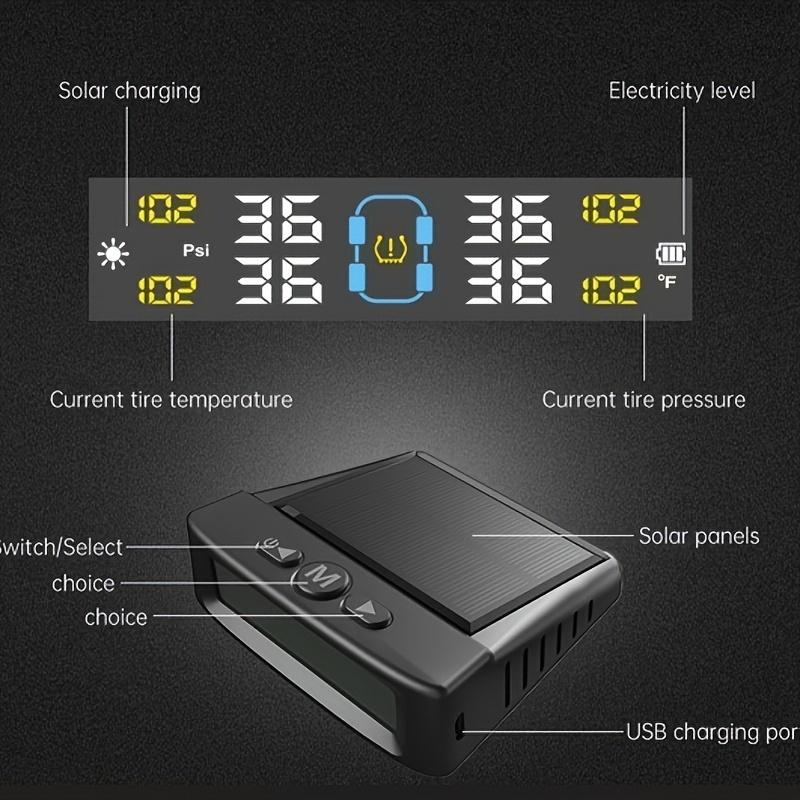 TPMS Däcktrycksövervakningssystem Bil Säkerhetslarmsystem Trådlös Sol-/USB-driven 4 Sensorer med Färgdigital Display