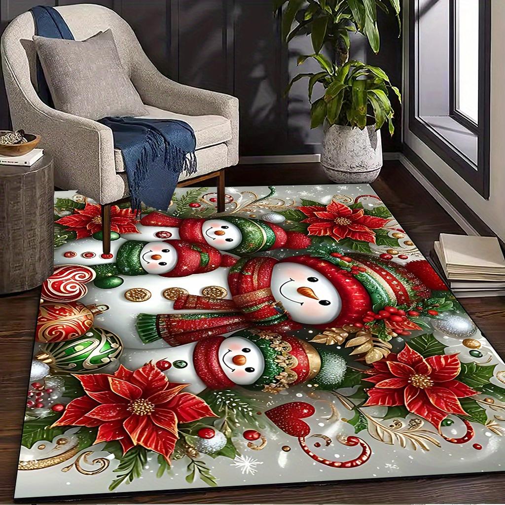Snowman Family Christmas Area Rug Glitter Poinsettia Carpet Living Room Reading Nook Armchair Area Sitting Room Mat