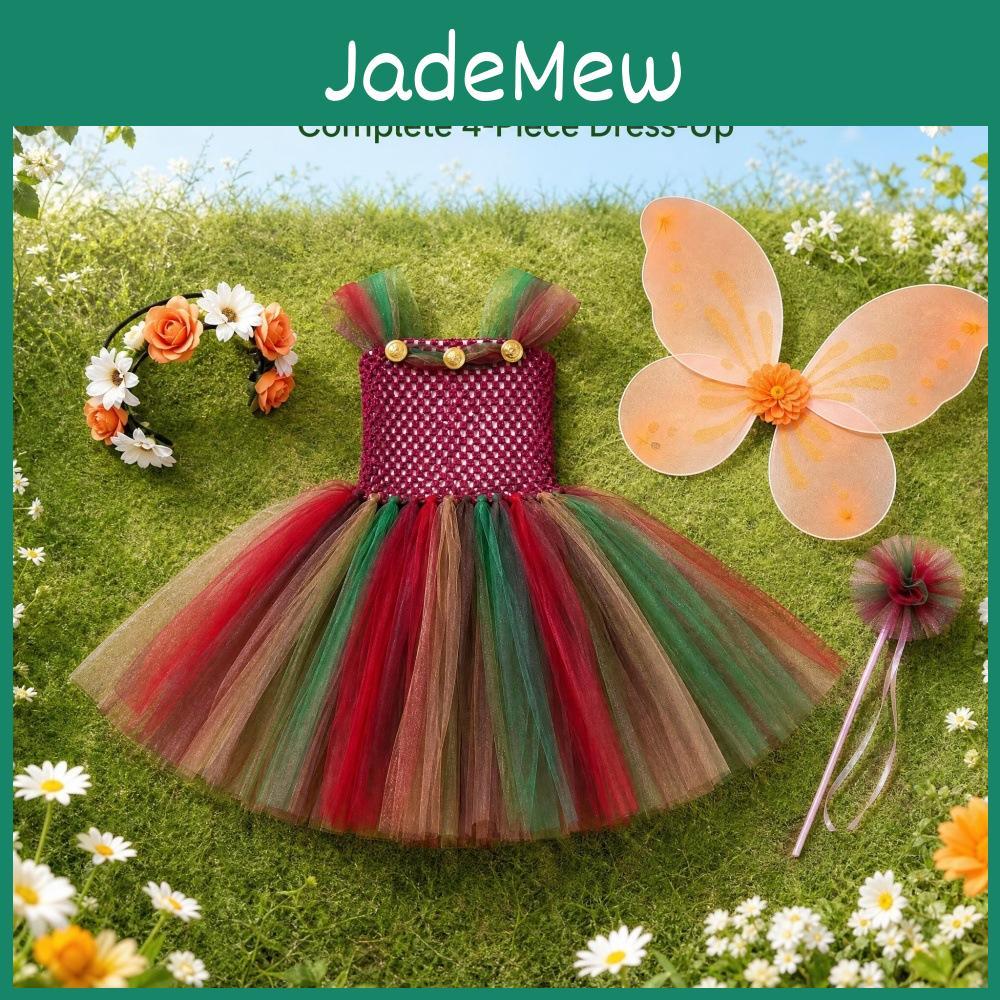 Forest Fairy Girl Costume Dress With Tulle Skirt Butterfly Wings Magic Wand For Toddler Girls