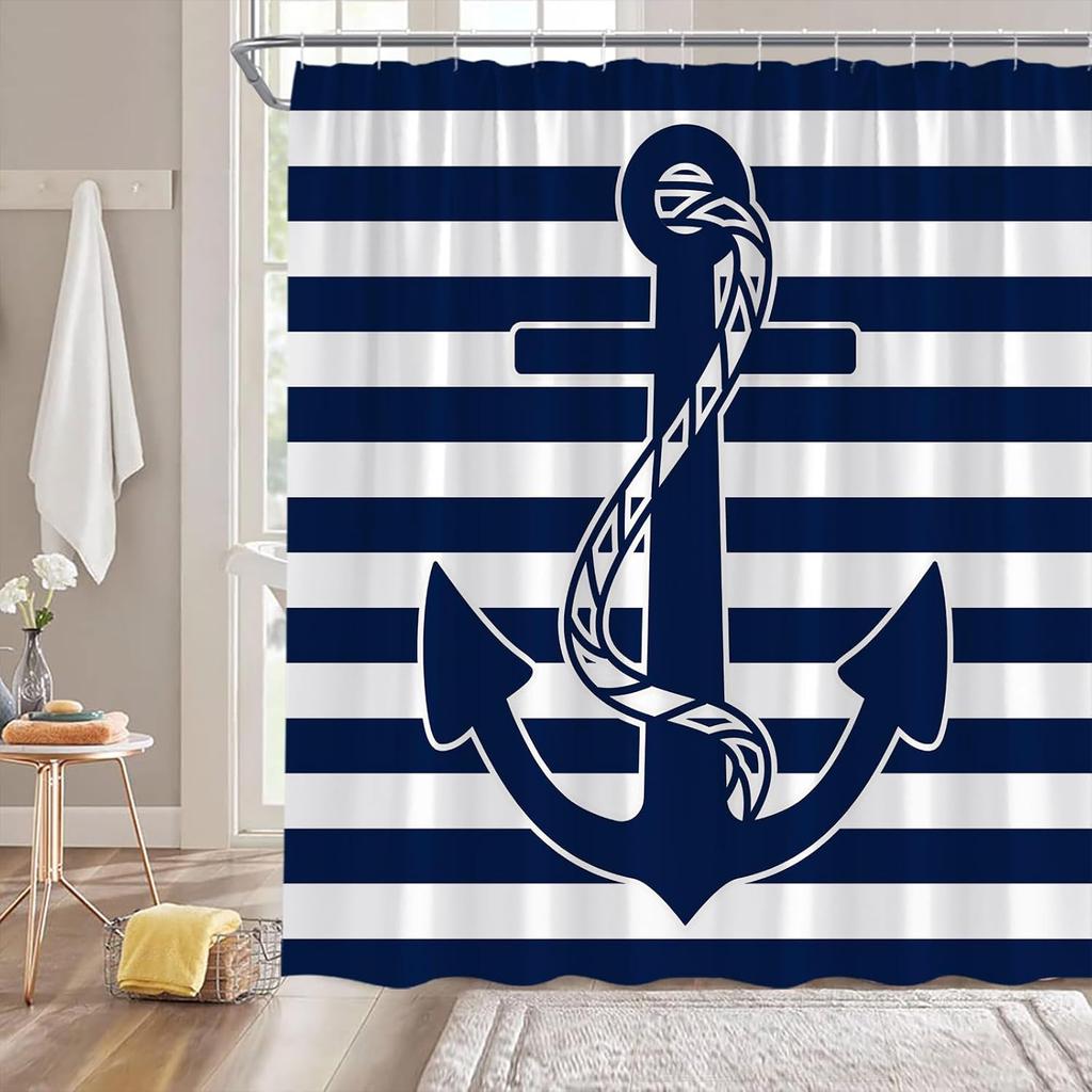 Nautical Anchor Shower Curtain Blue Anchor Navy Blue White Stripes Nautical Theme Ocean Lovers Modern Fabric Bathroom Decor Curtains with Hooks 70W