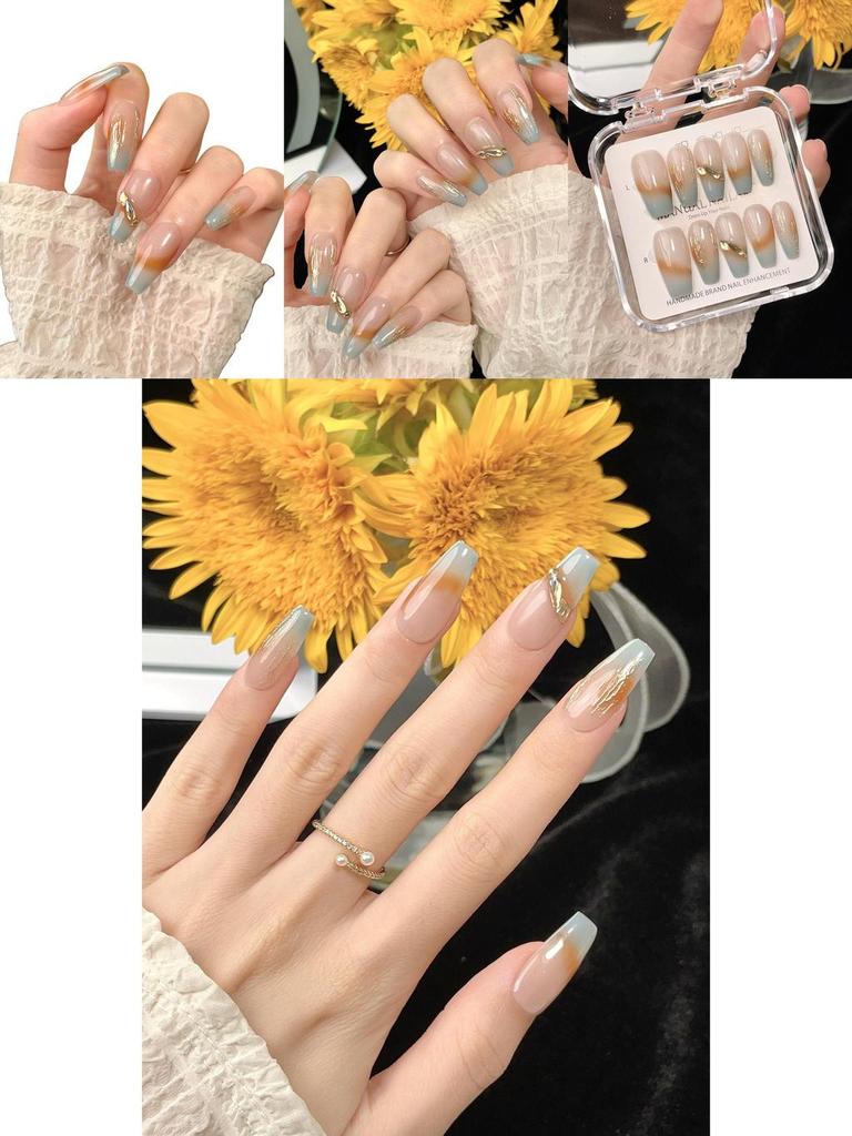 Handmade Ice Transparent Marble Patterned Nail Stickers For Women Long Style Removable Forest Mist Color