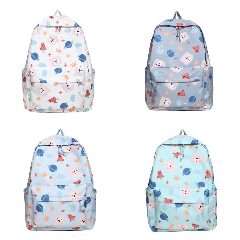 Cute Bear Cartoon Rocket Star Cloud Crown Print Student Backpack For School