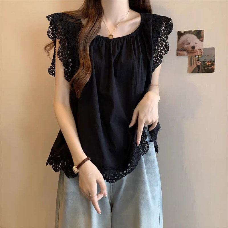 Casual Lace Flying Sleeve Blouse Women's Clothing Sweet Solid Color Summer Basic Sleeveless French Style Spliced Loose Shirts