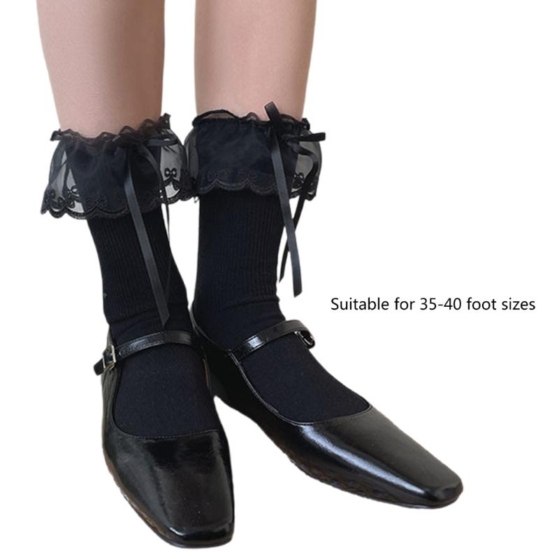 Fashionable Ruffle Mesh Splicing Ankle Socks with Bows Detail Breathable Elegant Solid Color Middle Tube Socks for Women