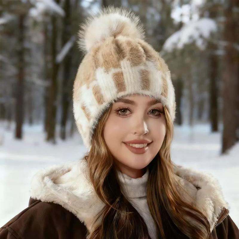 1Pc Plush Hat Winter Ear Protection Cold Protection Single Ball Cycling Color Blocked Polyester Imitation Fox Fur