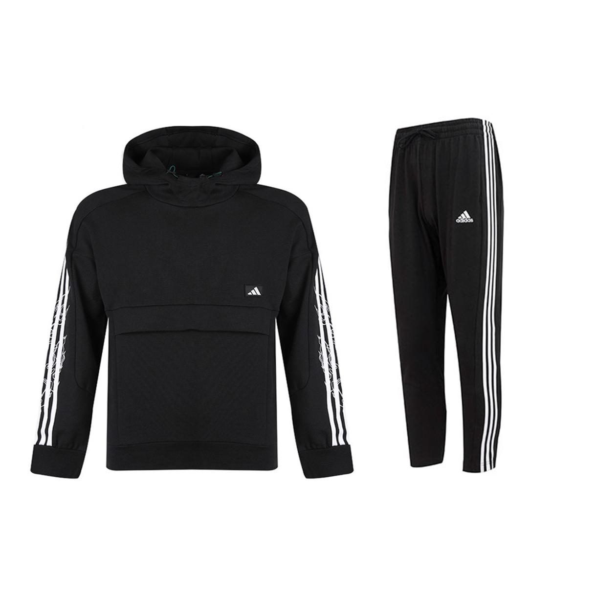 

Adidas Striped Knit Hoodie And Drawstring Sweatpants Set Men Sweatshirts Black GM4433+IC0044 M