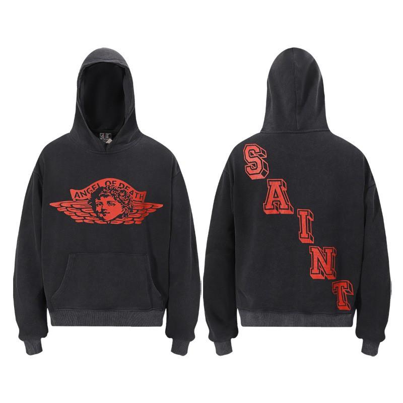 Sweat à capuche imprimé Ange Saint Michel Hommes Femmes Streetwear Américain Sweat-shirt à enfiler délavé Coupe décontractée ample