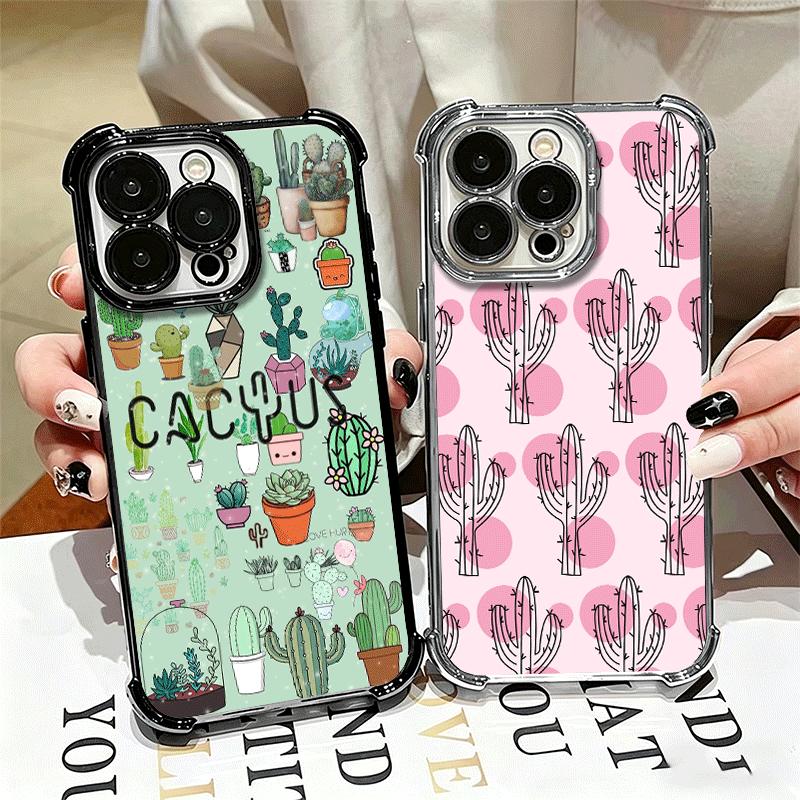 Cactus Pattern Plating Phone Case For Iphone 16 17 Pro Max Air 16E 14 15 Plus 12 13 Mini Anti-Fall Airabag Cover