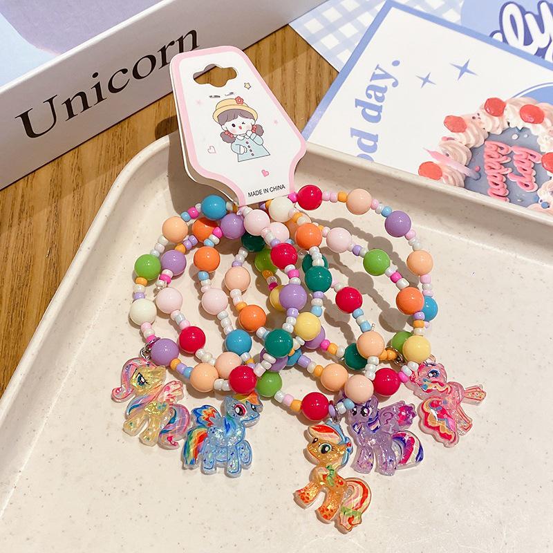 5-Piece Cute Resin Graffiti Beaded Bracelet Set for Little Girls - Cartoon Princess Design